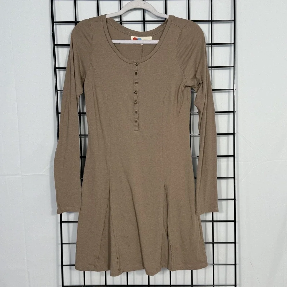 Free People FP Beach Miles of Henley Dress Womens Medium Brown Casual Boho